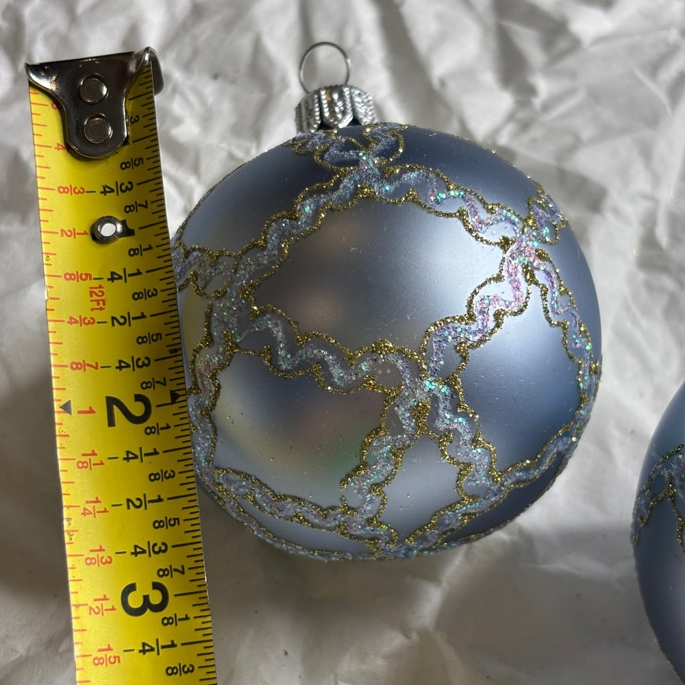 Crate&Barrel Christmas Ornaments Silverish Blue Glitter Trellis Set of 2 - Picture 8 of 9